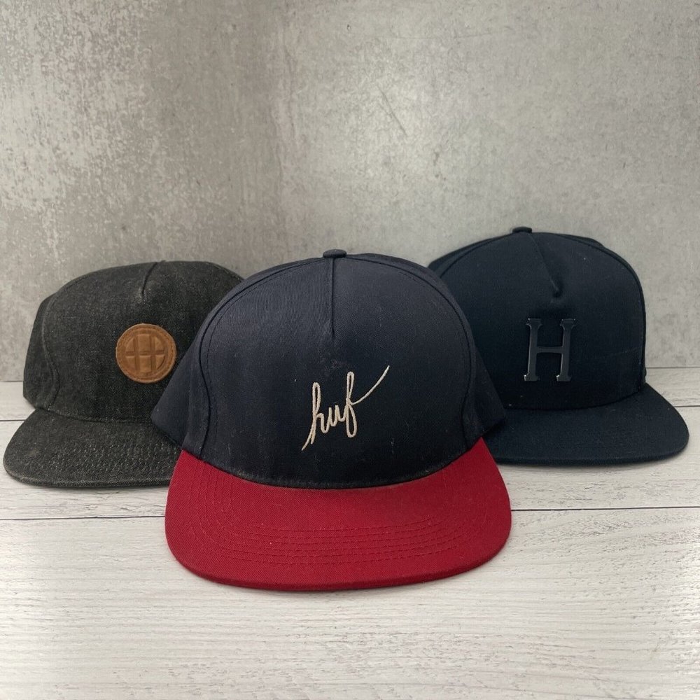 3x HUF Snapback Hats Blue Gray Script Embroidered baseball cap